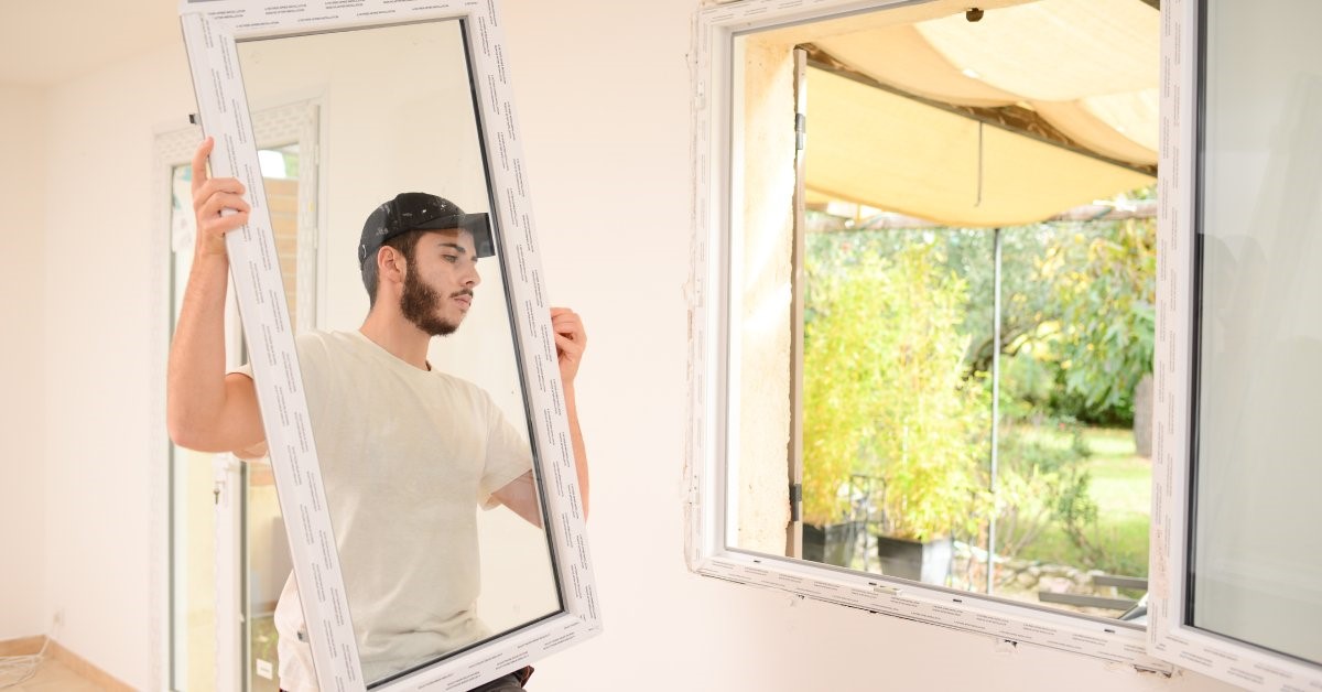 A young professional handyman carrying a ready-to-install window pane to an open frame in his client’s home.