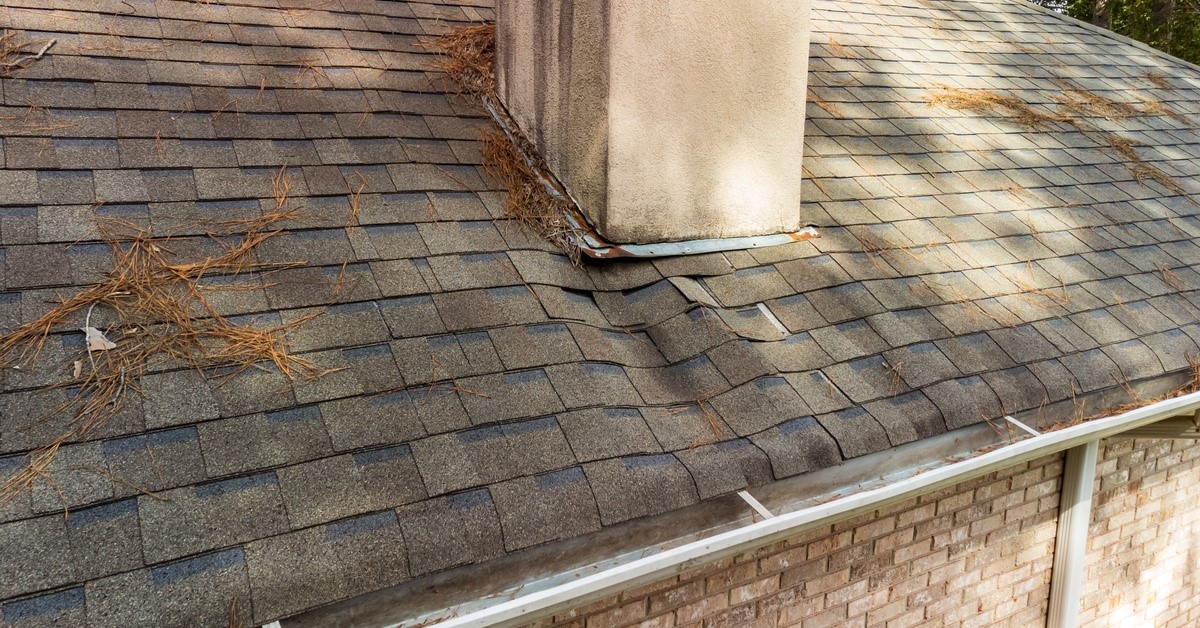 A roof constructed of shingles. Debris covers the roof's surface, and the shingles are curling and warping.