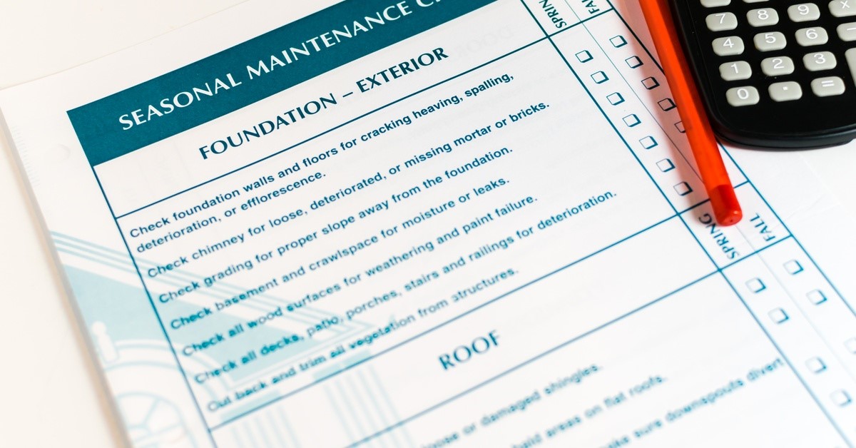 A document with the title "SEASONAL MAINTENANCE CHECKLIST" and the subheadings "FOUNDATION--EXTERIOR" and "ROOF."