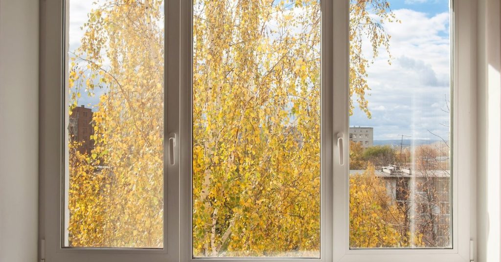 A window looking out to a tree with yellow leaves. Behind the tree are various buildings.